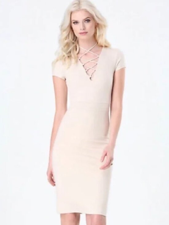 bebe Dresses & Skirts - Bebe Light Tan Neckline Lace Up Dress Size Large
